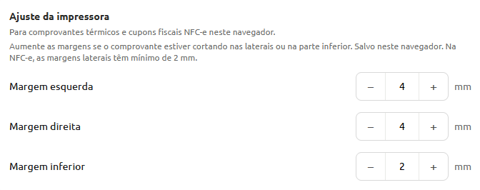 Tela de ajuste da impressora para comprovantes térmicos e NFC-e no navegador, com campos para configurar a margem esquerda (4 mm), margem direita (4 mm) e margem inferior (2 mm).