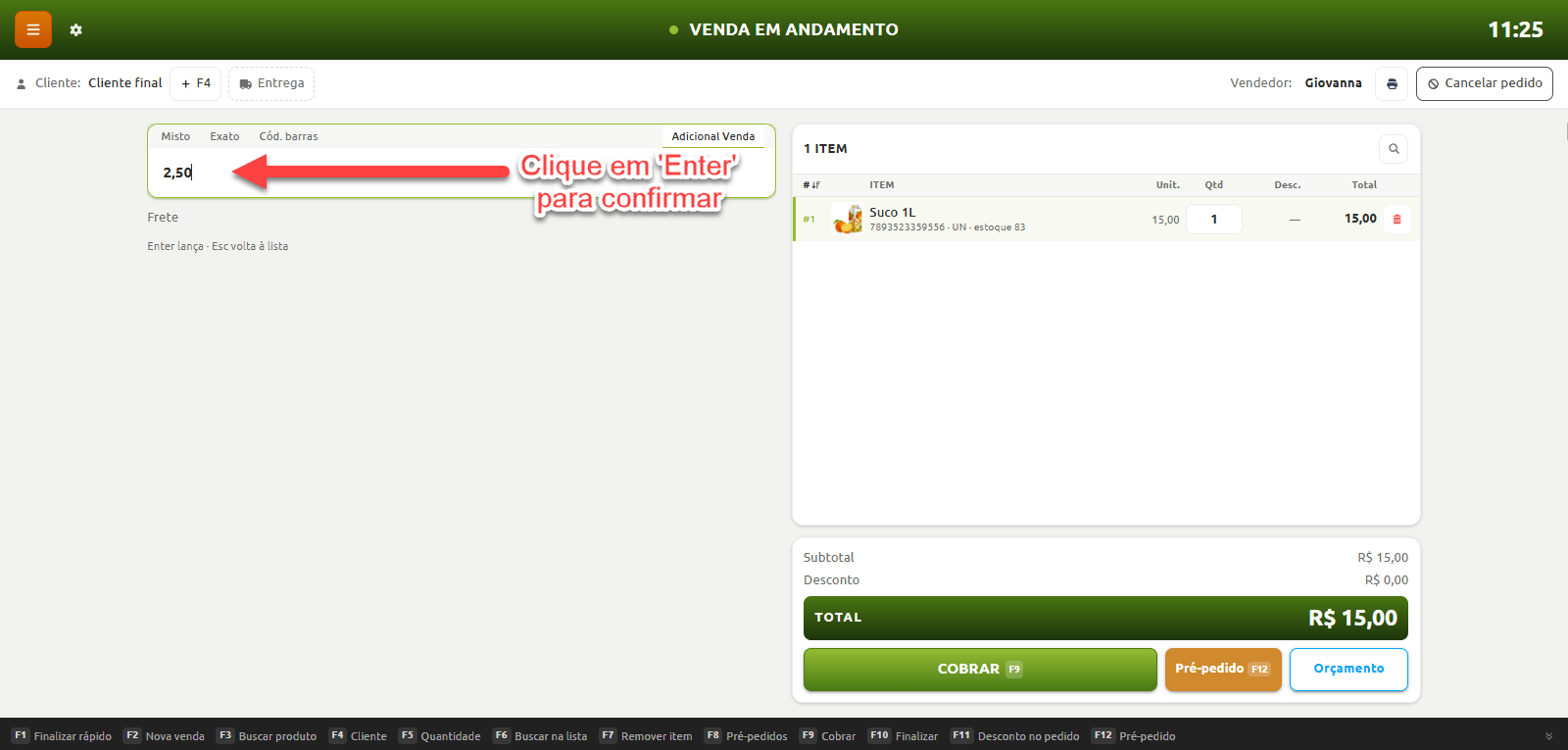 Tela do caixa com venda em andamento e um item registrado, destacando o campo de adicional de venda preenchido com o valor do frete e a indicação para pressionar Enter para confirmar.