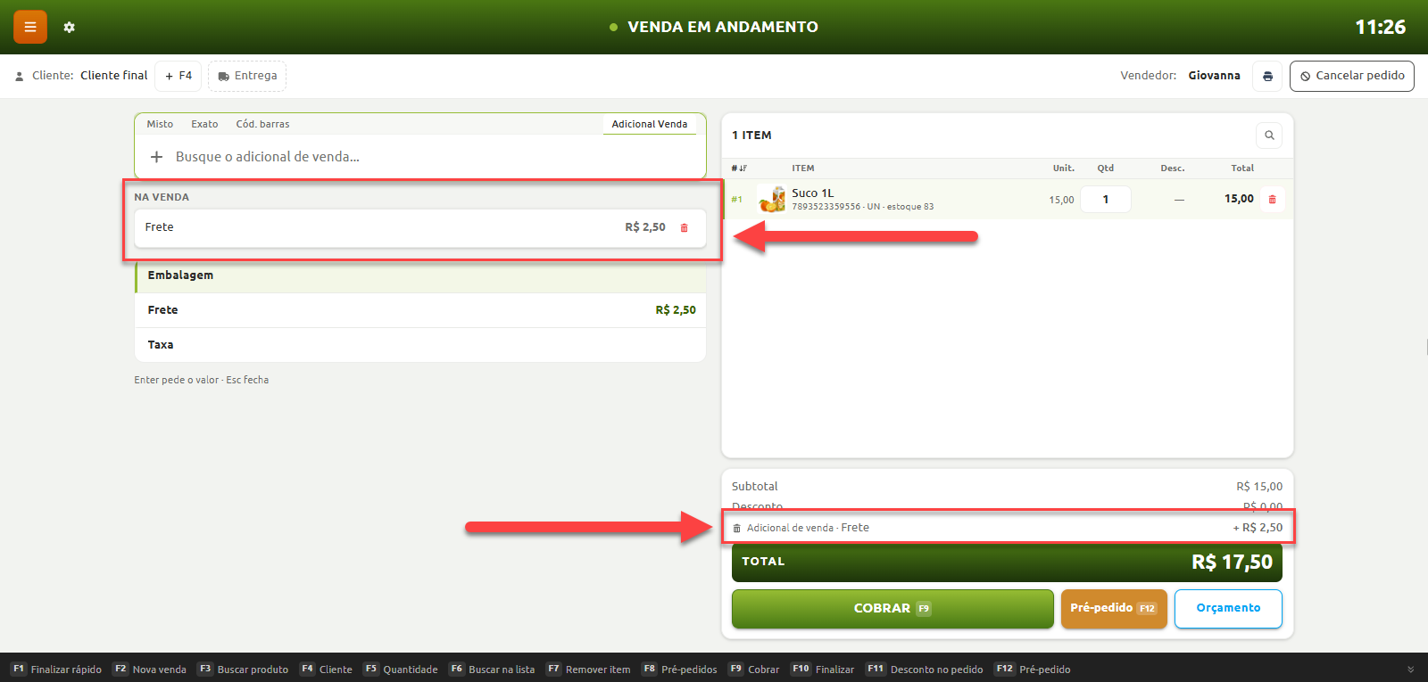 Tela de frente de caixa com uma venda em andamento, destacando a inclusão de um adicional de venda de frete no valor de R$ 2,50 somado ao total do pedido.