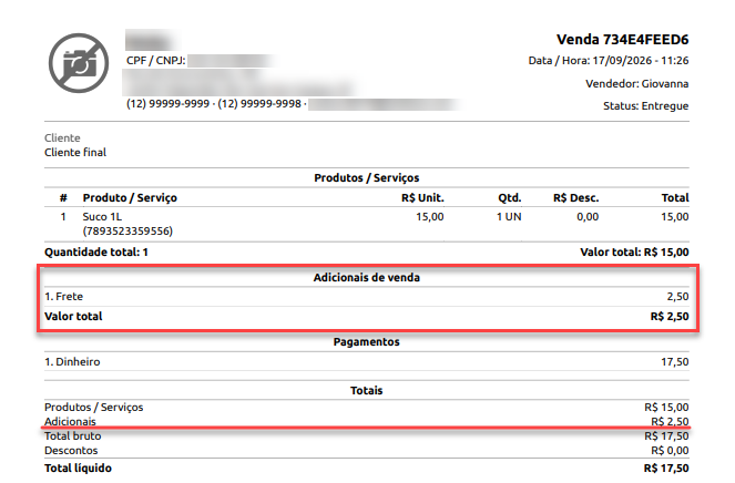 Comprovante de venda exibindo detalhes do produto, forma de pagamento e totais, com destaque para a cobrança de frete no campo de adicionais de venda e sua inclusão no cálculo do valor total.