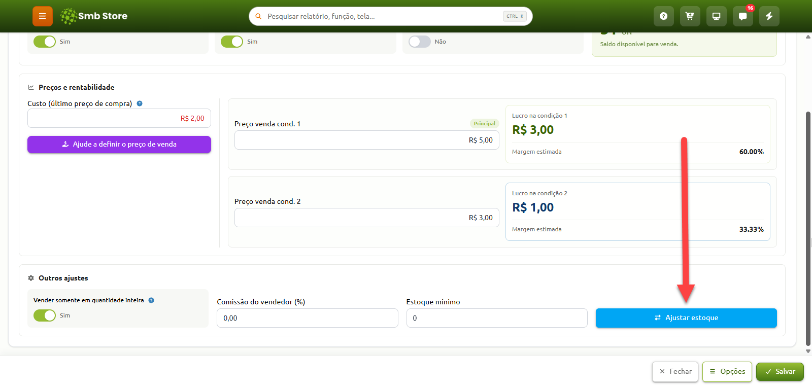 Tela de cadastro de produto no Smb Store exibindo as seções de preços, rentabilidade e outros ajustes, com uma seta vermelha apontando para o botão "Ajustar estoque".