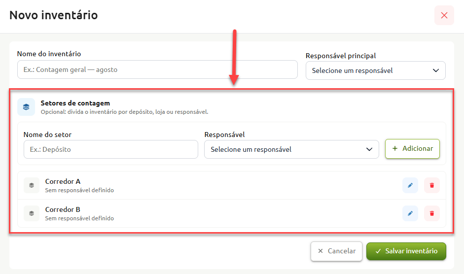 Tela de criação de novo inventário com destaque para a seção de setores de contagem, contendo campos para nome do setor, seleção de responsável, botão para adicionar e a lista dos setores já cadastrados.