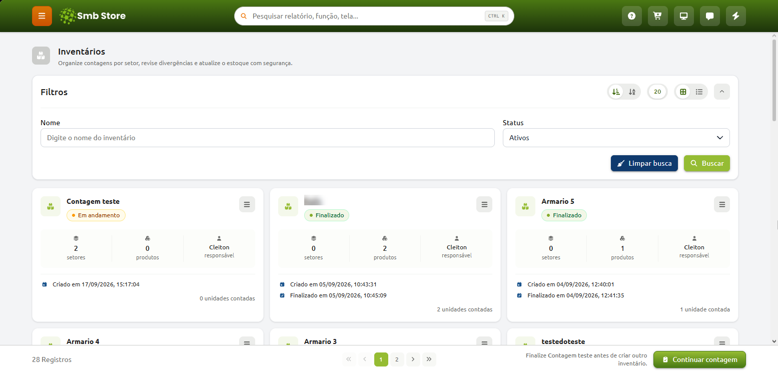 Tela de gerenciamento de inventários no Smb Store, exibindo filtros de pesquisa por nome e status, lista de inventários com informações de setores, produtos, responsáveis e datas, além da opção para continuar uma contagem em andamento.