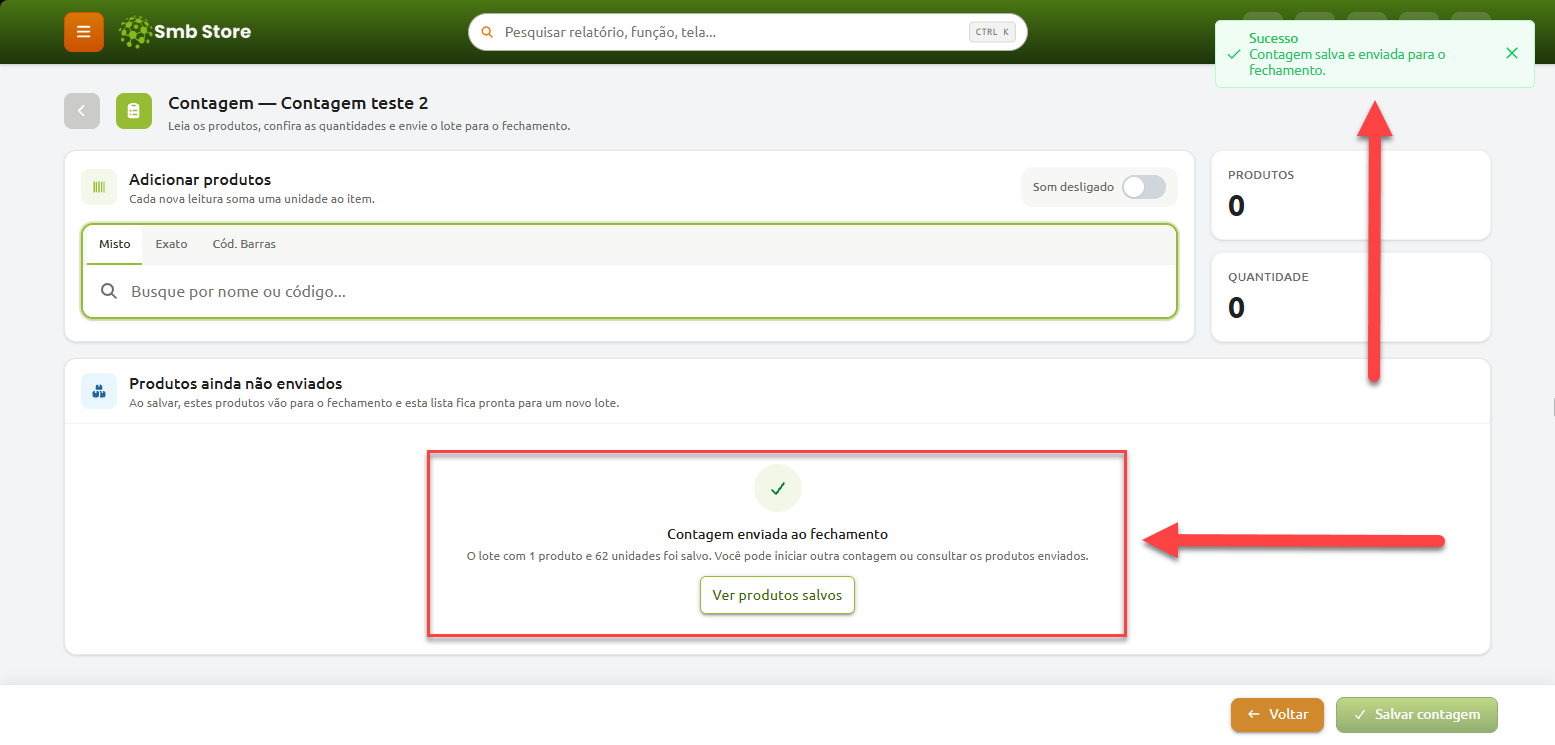 Tela de contagem de estoque no sistema Smb Store exibindo a confirmação de sucesso após o lote de produtos ser salvo e enviado para o fechamento.