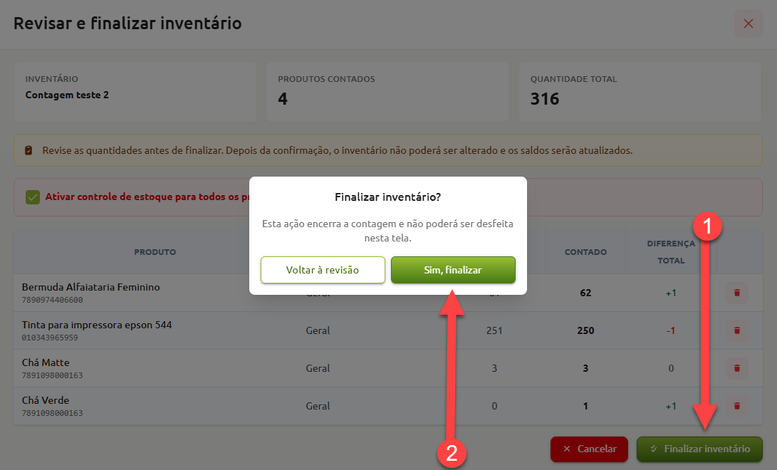 Tela de revisão e finalização de inventário exibindo o resumo e a lista de produtos contados, com uma caixa de diálogo central para confirmar a finalização do processo.