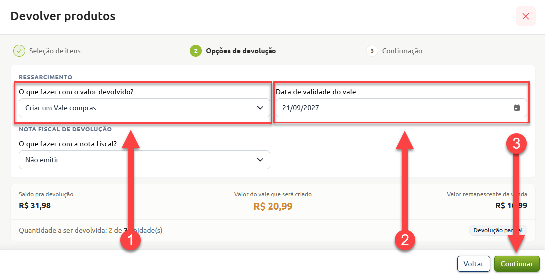Tela de devolução de produtos na etapa de opções de devolução, indicando a seleção da opção "Criar um Vale compras", a definição da data de validade do vale e o botão "Continuar" para prosseguir no fluxo.