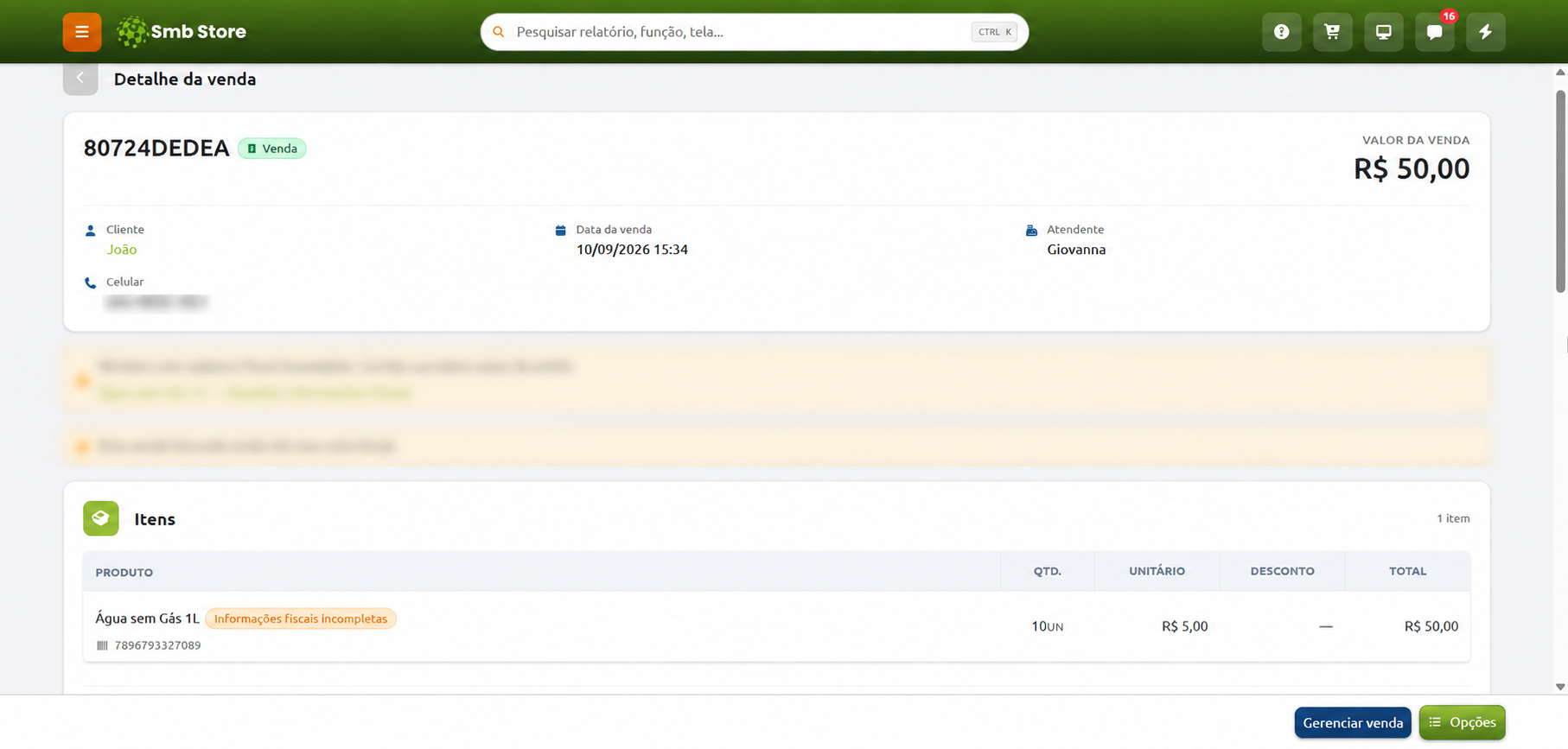 Tela de detalhe da venda no sistema Smb Store, apresentando o valor total de R$ 50,00, dados do cliente e da data, e a listagem de itens com o produto Água sem Gás 1L sinalizado com informações fiscais incompletas.