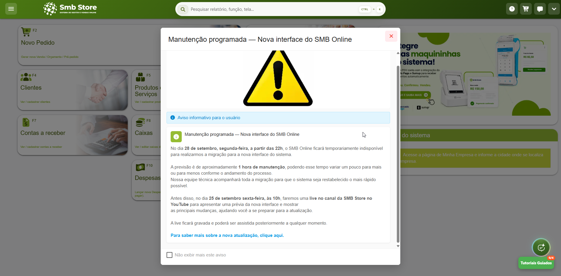 Janela de aviso no painel do sistema SMB Store comunicando uma manutenção programada para migração da nova interface, com informações sobre a data, horário e previsão de duração da indisponibilidade do serviço.