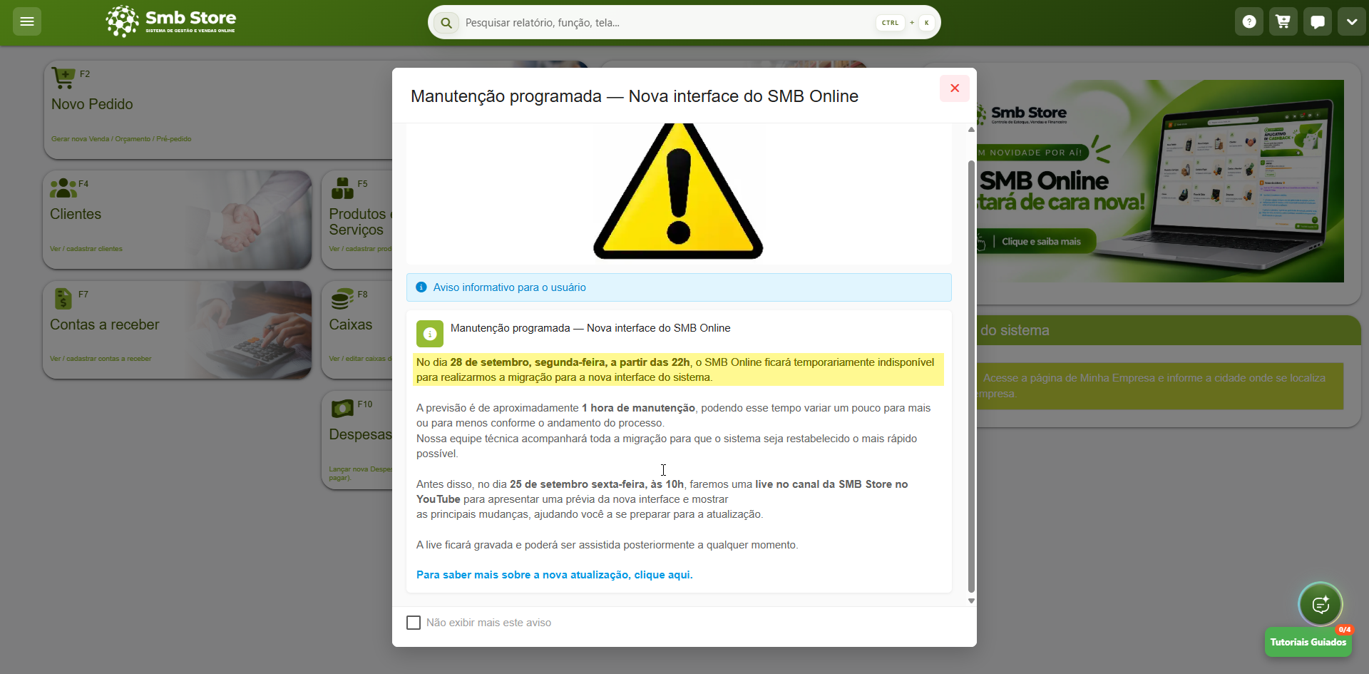 Janela de aviso no sistema SMB Store informando sobre manutenção programada para migração da interface em 28 de setembro, a partir das 22h, com previsão de 1 hora de indisponibilidade e menção a uma transmissão ao vivo prévia no YouTube em 25 de setembro.