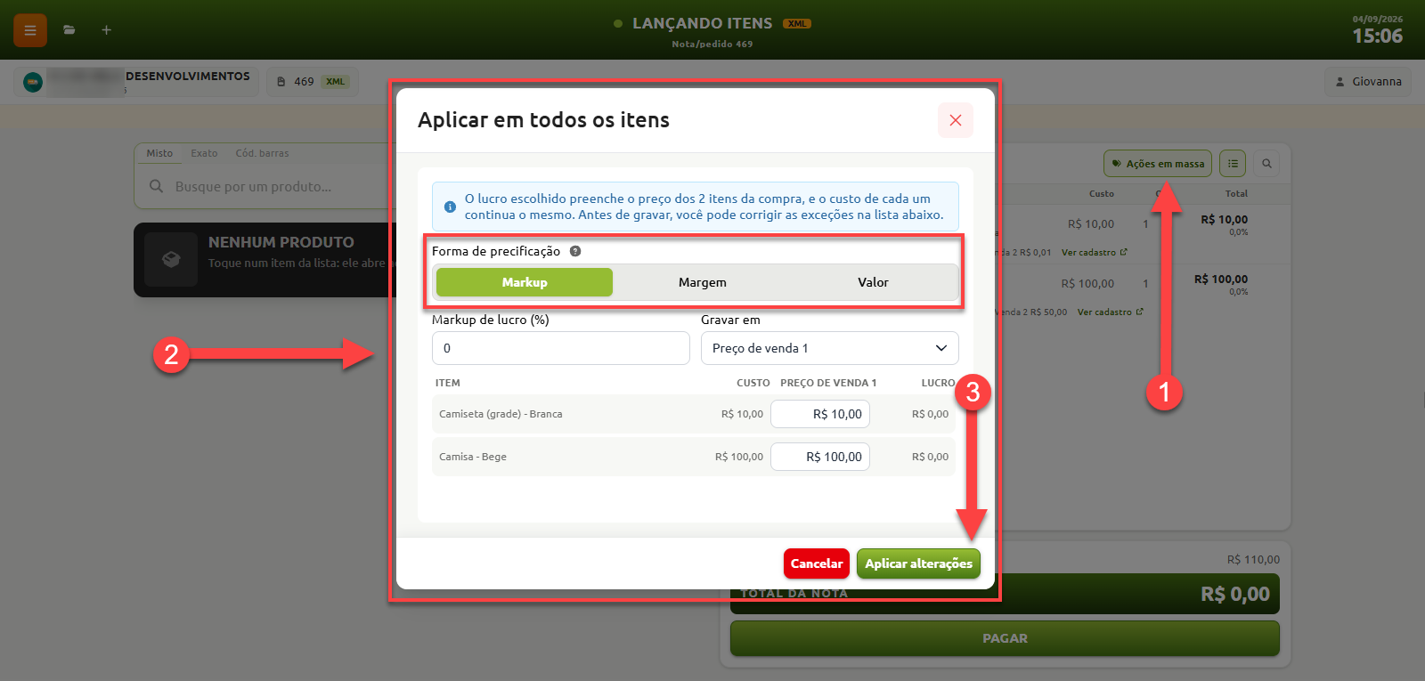 Janela de ações em massa para precificação de itens em uma nota, com opções para definir a forma de cálculo por markup, margem ou valor, ajustar os percentuais ou preços e aplicar as alterações na lista de produtos.