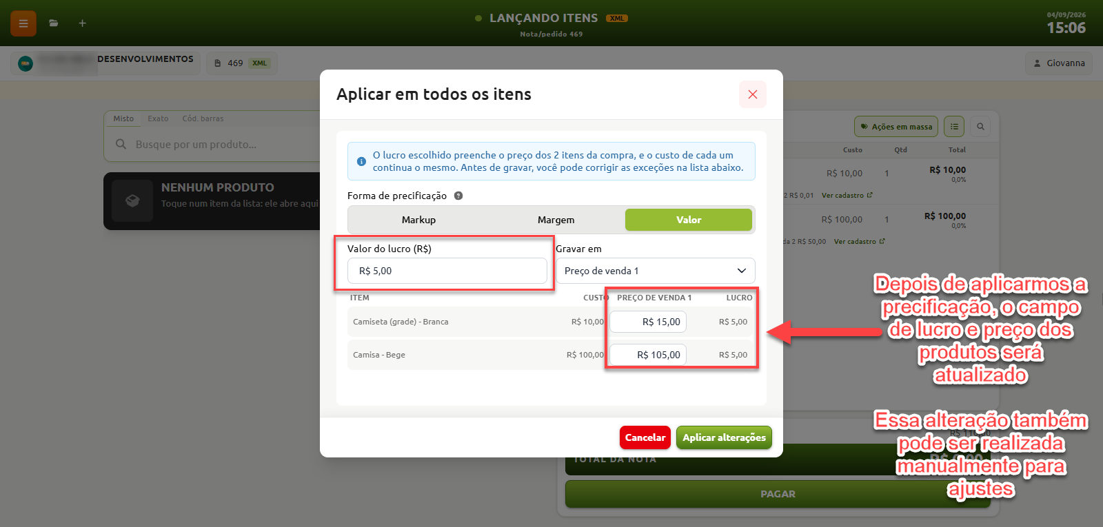 Janela de configuração de precificação em massa no sistema de vendas, exibindo a aplicação de um valor fixo de lucro sobre os produtos com atualização automática dos preços de venda calculados na lista.