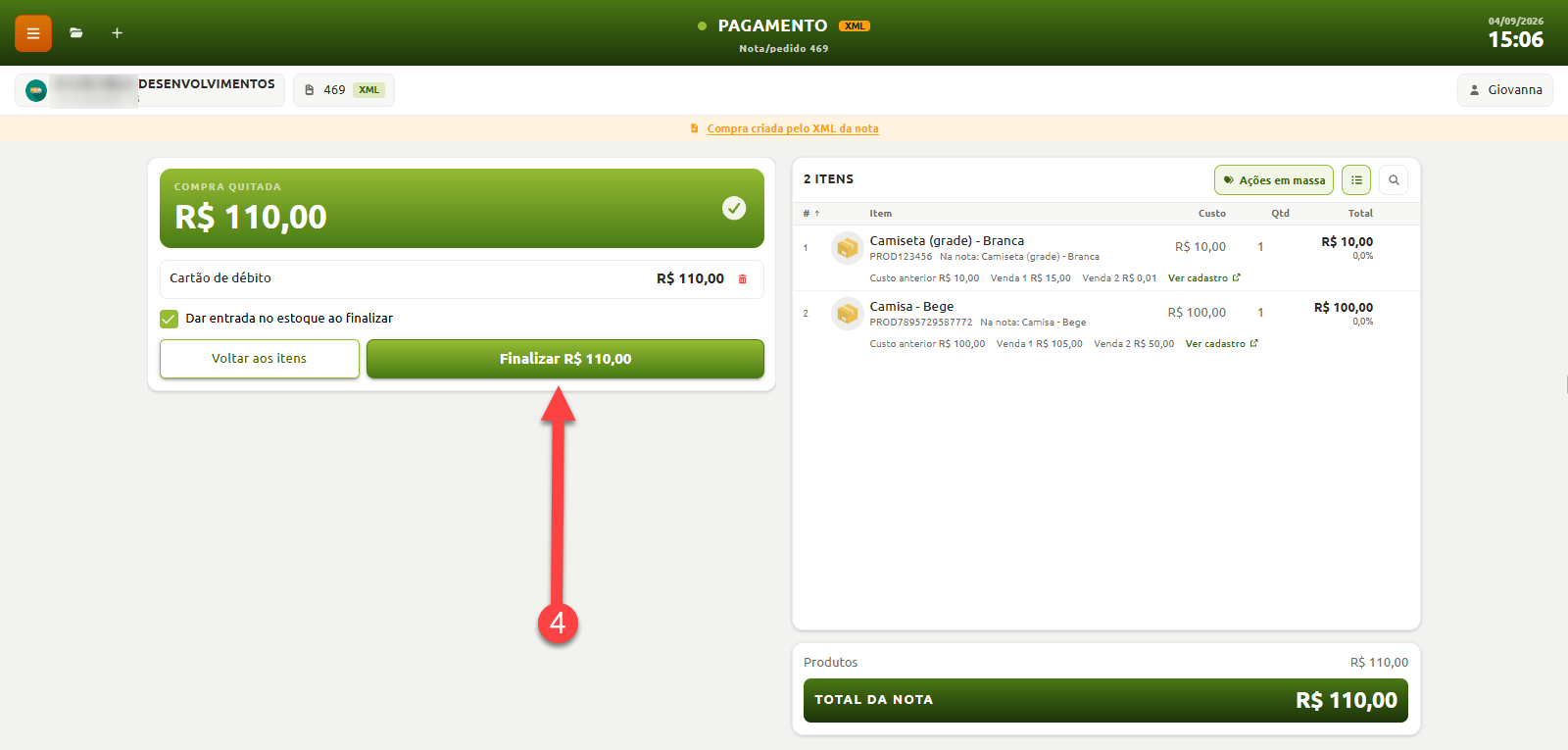 Tela de finalização de pagamento de compra por XML, exibindo a lista de itens, o valor total quitado via cartão de débito e a opção de concluir o lançamento no estoque.