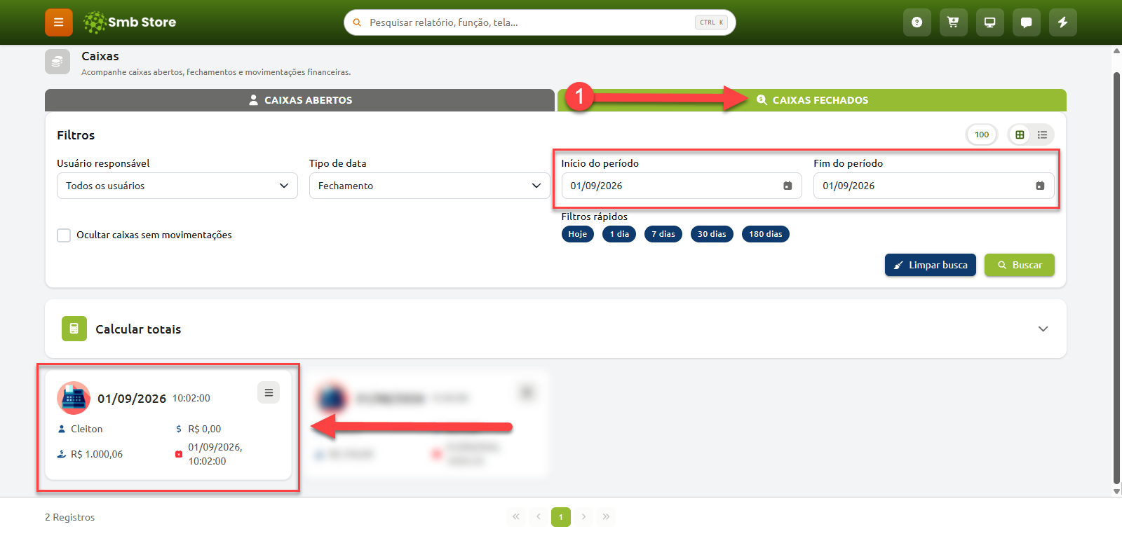Tela de consulta de caixas no Smb Store, destacando a aba "Caixas Fechados", os filtros por intervalo de datas e a listagem de registros com detalhes do operador, valores e horários de fechamento.