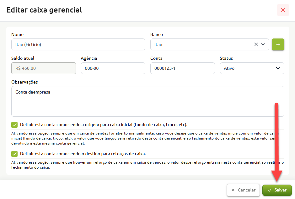 Tela de edição de caixa gerencial com campos preenchidos para nome, banco, saldo, agência, conta, status, observações e opções de integração com o caixa de vendas, destacando o botão Salvar.