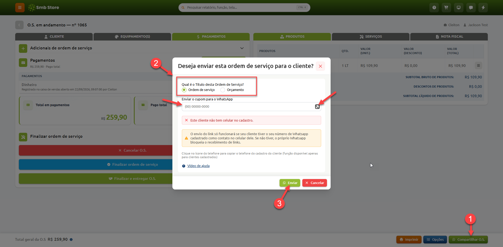 Tela de ordem de serviço no sistema Smb Store exibindo uma janela modal para envio do cupom ao cliente pelo WhatsApp, com campos para escolher o título do documento, inserir o número de telefone e o botão para realizar o envio.