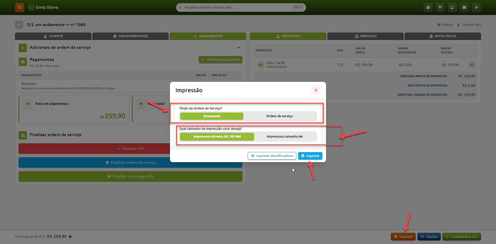Janela de impressão de ordem de serviço no SMB Store, com seleção de título entre Orçamento e Ordem de serviço, opções de tamanho para impressora térmica ou formato A4, e botões para imprimir identificadores ou confirmar a impressão.
