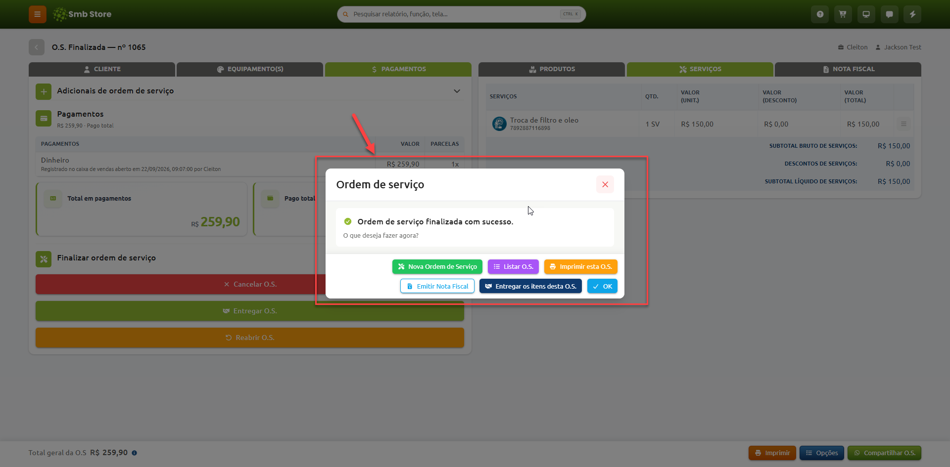 Tela de gerenciamento do sistema Smb Store com janela de confirmação de ordem de serviço finalizada com sucesso, exibindo opções para criar nova O.S., listar, imprimir, emitir nota fiscal, entregar itens ou concluir.