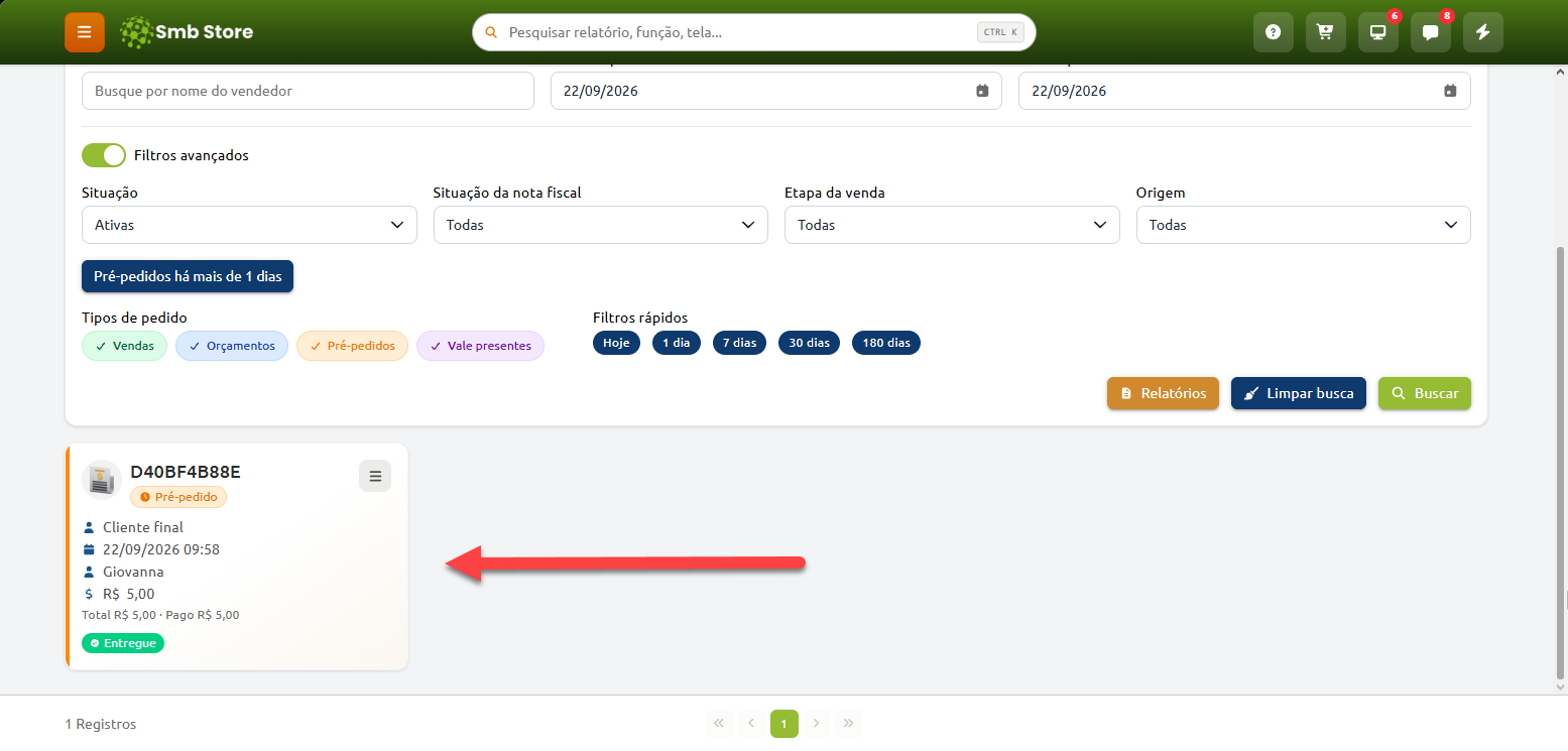 Tela do sistema Smb Store com filtros de busca de vendas e um card listado contendo detalhes de um pré-pedido, incluindo código, cliente, data, vendedor, valor total e status de entregue.