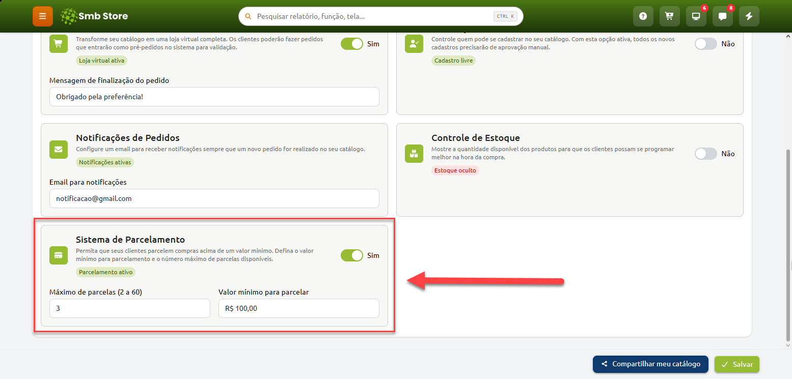 Tela de configurações do Smb Store com destaque para a seção de Sistema de Parcelamento ativada, exibindo os campos para definição do número máximo de parcelas e do valor mínimo para parcelar.