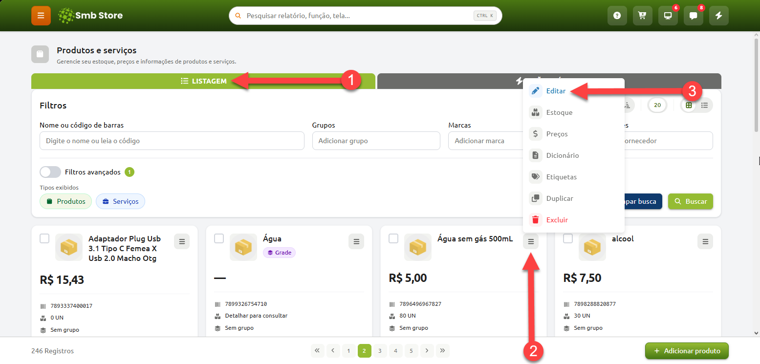 Tela de listagem de produtos e serviços do Smb Store com passos numerados indicando como editar um item: passo 1 na aba Listagem, passo 2 no menu de opções de um card de produto e passo 3 na opção Editar.