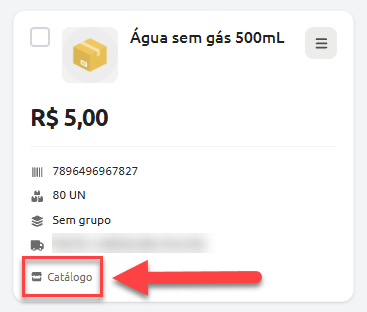 Cartão de produto de "Água sem gás 500mL" exibindo preço, código de barras, estoque e destaque indicado pela opção "Catálogo".