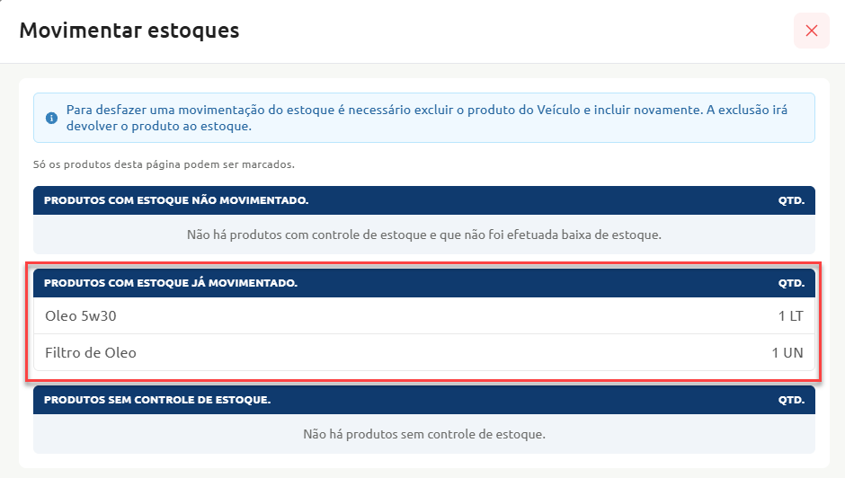 Tela de movimentação de estoque exibindo a seção destacada de produtos com estoque já movimentado, contendo os itens Óleo 5w30 e Filtro de Óleo com suas respectivas quantidades.