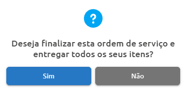 Caixa de diálogo do sistema com a mensagem de confirmação: "Deseja finalizar esta ordem de serviço e entregar todos os seus itens?", com os botões "Sim" e "Não".
