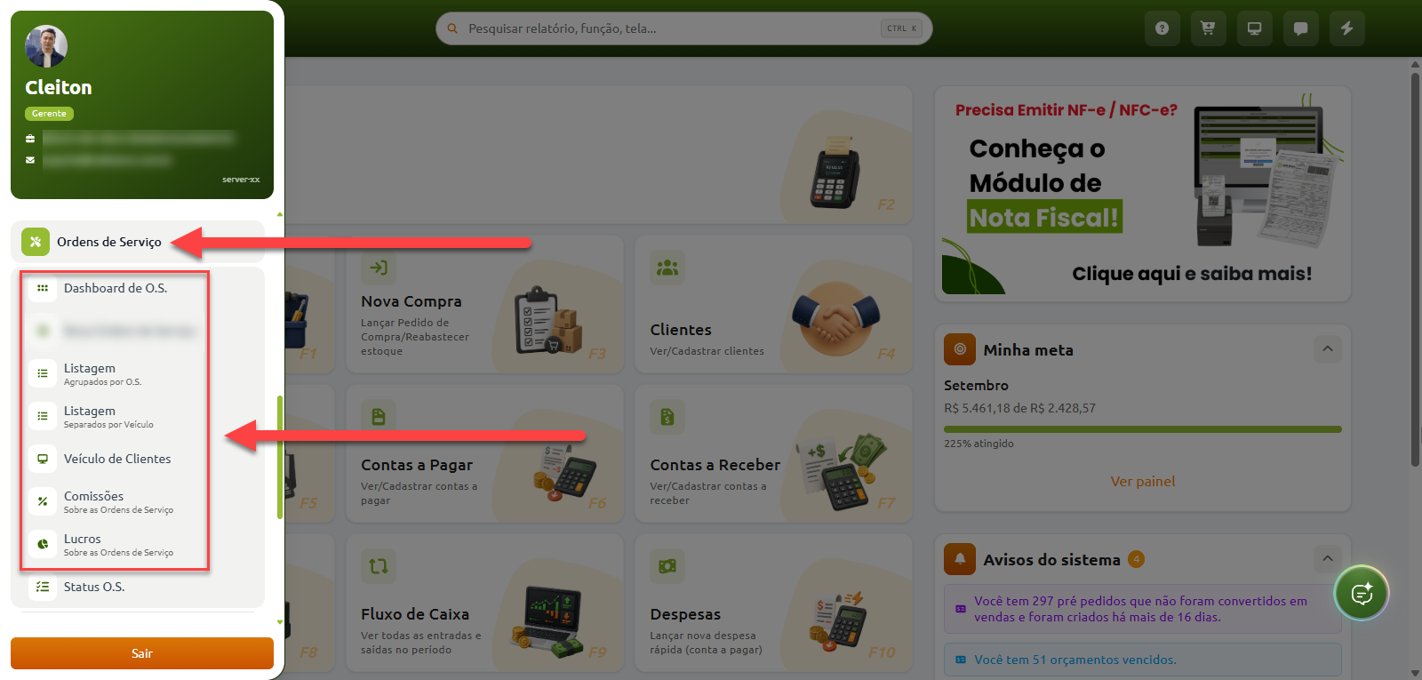 Painel do sistema de gestão com o menu lateral aberto na categoria Ordens de Serviço, exibindo opções de dashboard de O.S., listagens agrupadas por ordem ou veículo, veículos de clientes, comissões e lucros.