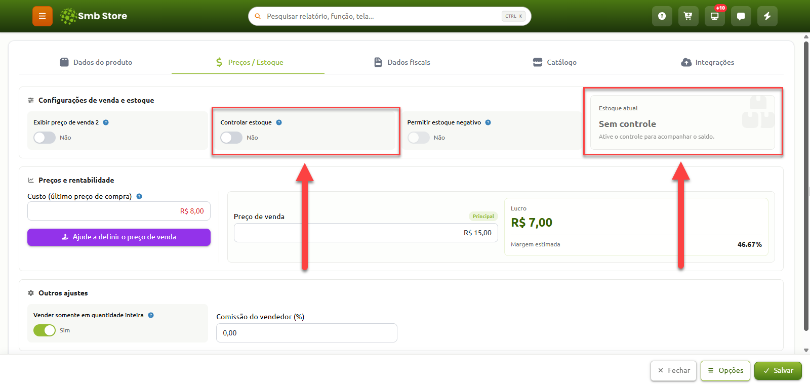 Tela de cadastro de produto na aba de preços e estoque do sistema Smb Store, destacando a opção de controlar estoque desativada e o painel de estoque atual exibindo o status "Sem controle".