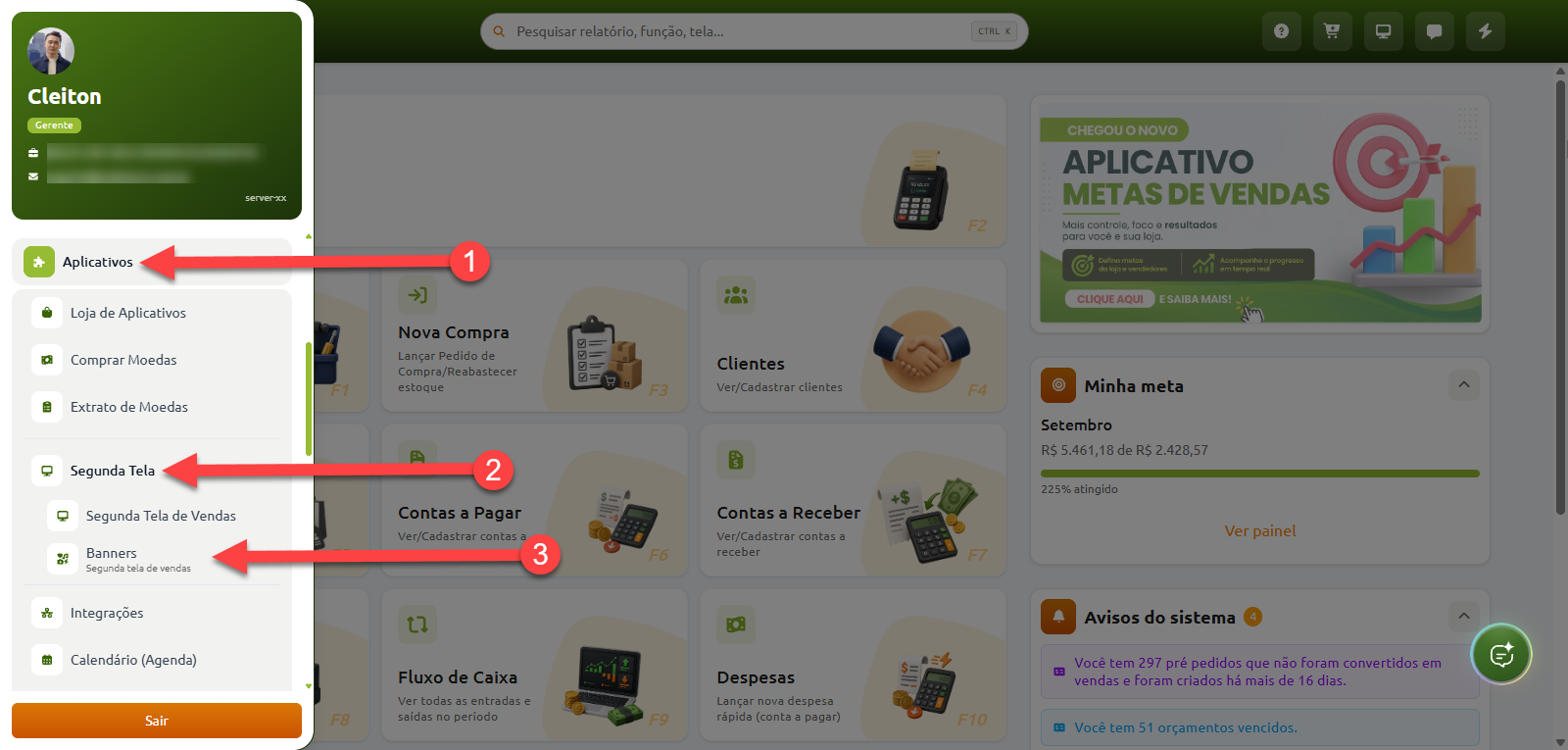 Passo a passo no menu lateral do sistema para acessar a opção "Banners", navegando primeiro por "Aplicativos" e em seguida por "Segunda Tela".