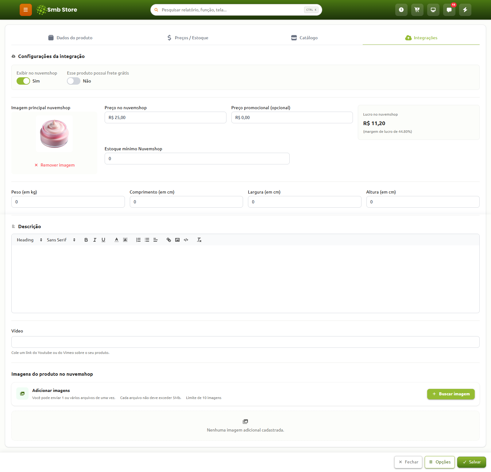 Tela de configurações de integração com a Nuvemshop no Smb Store, exibindo campos para imagem principal, preço, estoque mínimo, dimensões de envio, editor de descrição, link de vídeo e galeria de imagens adicionais do produto.