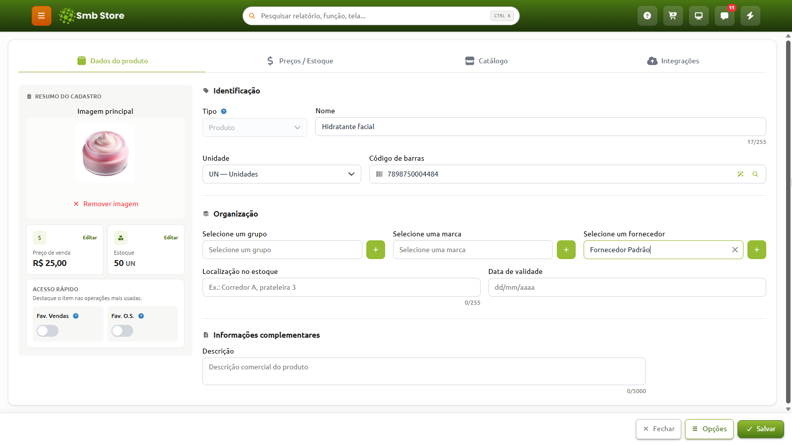 Tela de cadastro de produto no sistema Smb Store, na aba "Dados do produto", com campos para identificação como nome e código de barras, organização por grupo, marca e fornecedor, além do resumo do item com imagem, preço de venda e estoque.