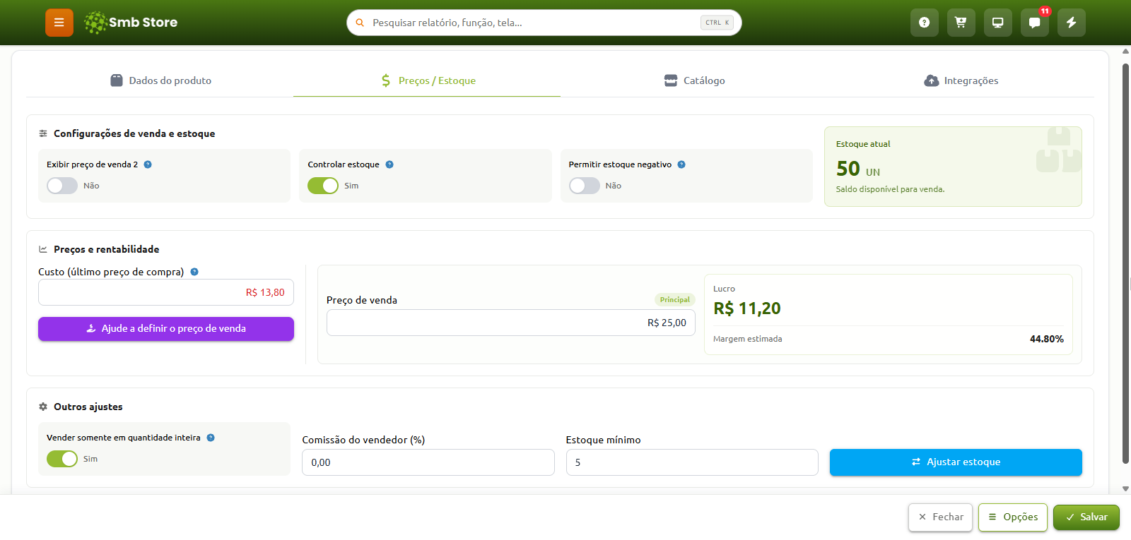 Tela de cadastro de produto no sistema Smb Store, na aba Preços e Estoque, exibindo configurações de estoque com saldo disponível de 50 unidades, campos para custo de compra, preço de venda, cálculo de lucro e margem, além de opções adicionais como comissão e estoque mínimo.