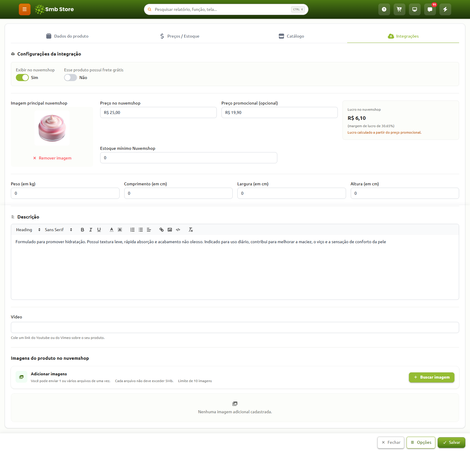 Tela de configurações de integração com a Nuvemshop no sistema Smb Store, exibindo campos para imagem do produto, preços normal e promocional, cálculo de margem de lucro, dimensões, descrição detalhada e upload de imagens adicionais.
