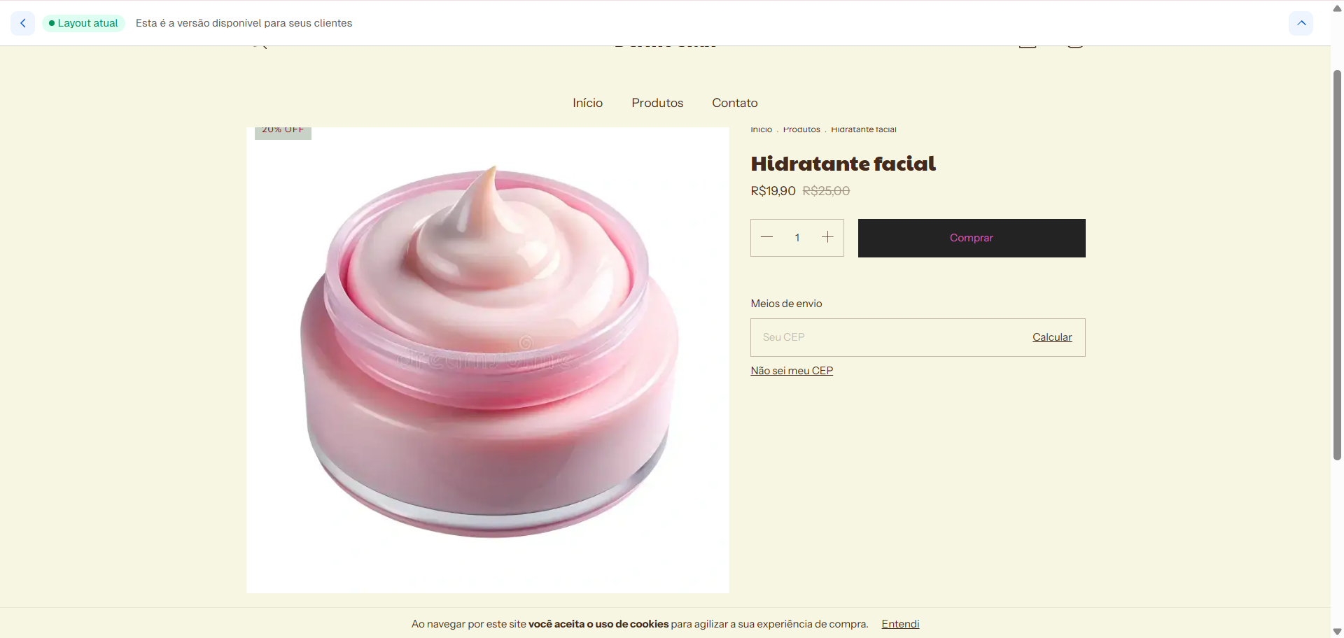 Página de produto de uma loja virtual exibindo o item Hidratante facial com imagem, preço promocional, seletor de quantidade, botão de compra e campo para cálculo de frete.