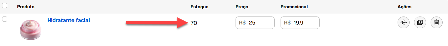 Linha de gerenciamento de produtos com o item "Hidratante facial", destacando a quantidade de 70 unidades em estoque, além de campos para preço original de 25 reais, preço promocional de 19,90 e botões de ação.