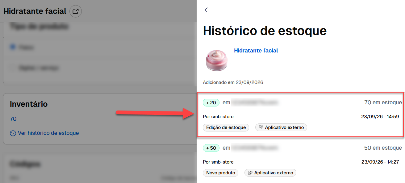 Tela de gerenciamento de produto exibindo o painel lateral de histórico de estoque, com destaque para o registro de ajuste recente de quantidade e o saldo total atualizado.