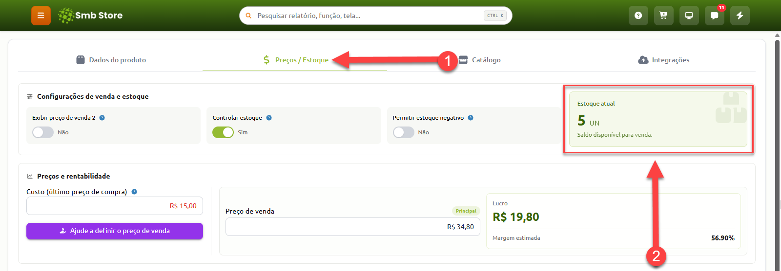 Tela do Smb Store na aba "Preços / Estoque" do cadastro de produto, destacando o campo de estoque atual com saldo disponível de 5 unidades para venda, além de opções de configuração de venda e cálculo de preços e rentabilidade.
