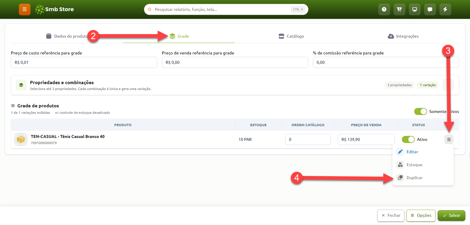 Tela de cadastro de produto no Smb Store na aba Grade, indicando a duplicação de uma variação do produto por meio do menu de ações com a opção Duplicar.