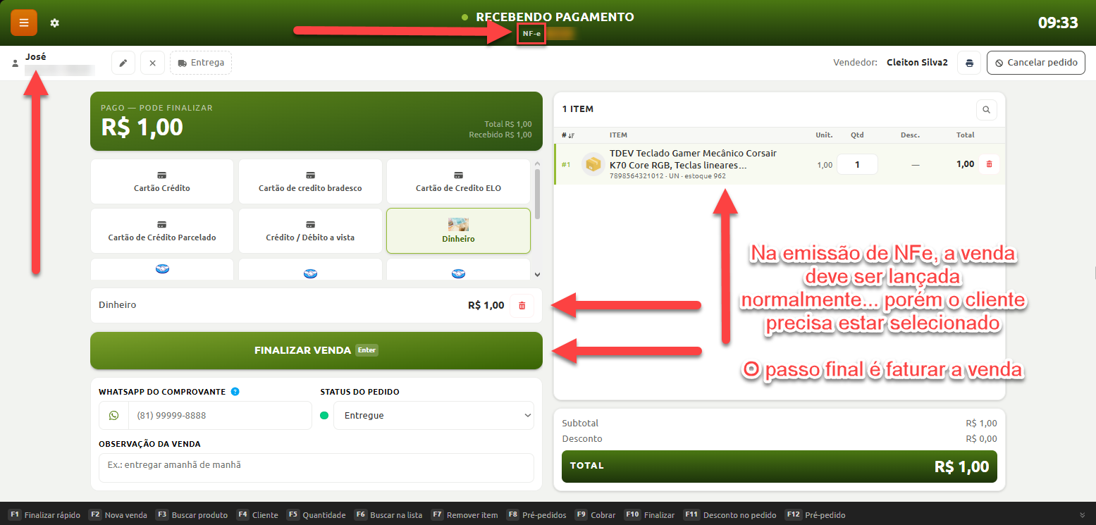 Tela de recebimento de pagamento de venda no sistema de PDV, destacando a emissão de NF-e com o cliente selecionado, item lançado e a opção para finalizar a venda.