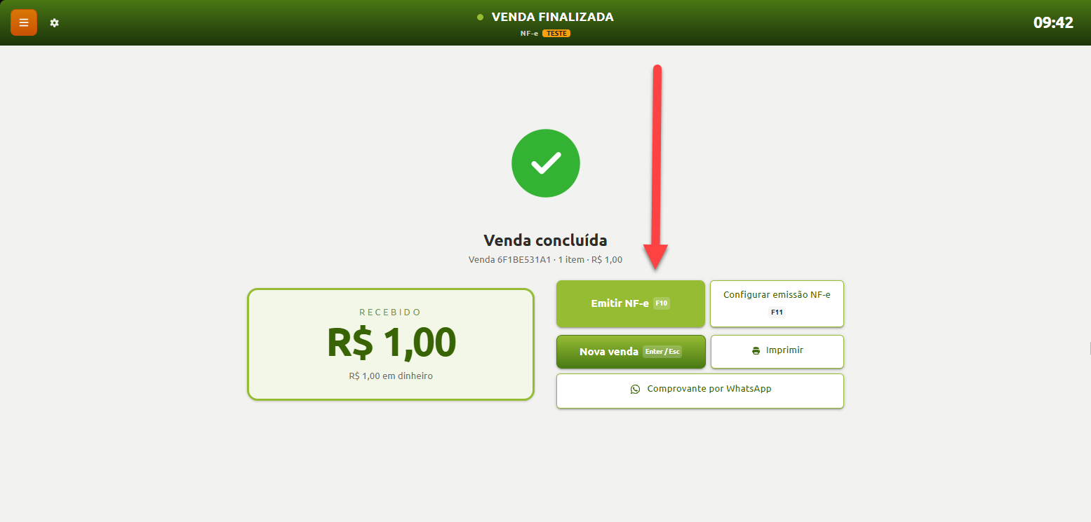 Tela de venda finalizada no sistema de ponto de venda, com confirmação do valor recebido e destaque para a opção de emitir NF-e.