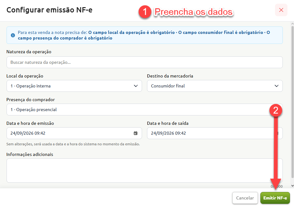 Tela de configuração da emissão de NF-e com aviso sobre campos obrigatórios e formulário para preenchimento dos dados da operação, indicando o preenchimento das informações e o botão final para emitir a nota fiscal.