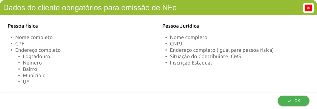 Janela informativa lista os dados obrigatórios do cliente para emissão de NFe, divididos entre Pessoa Física (nome completo, CPF e endereço com logradouro, número, bairro, município e UF) e Pessoa Jurídica (nome completo, CNPJ, endereço completo, situação do contribuinte ICMS e inscrição estadual).