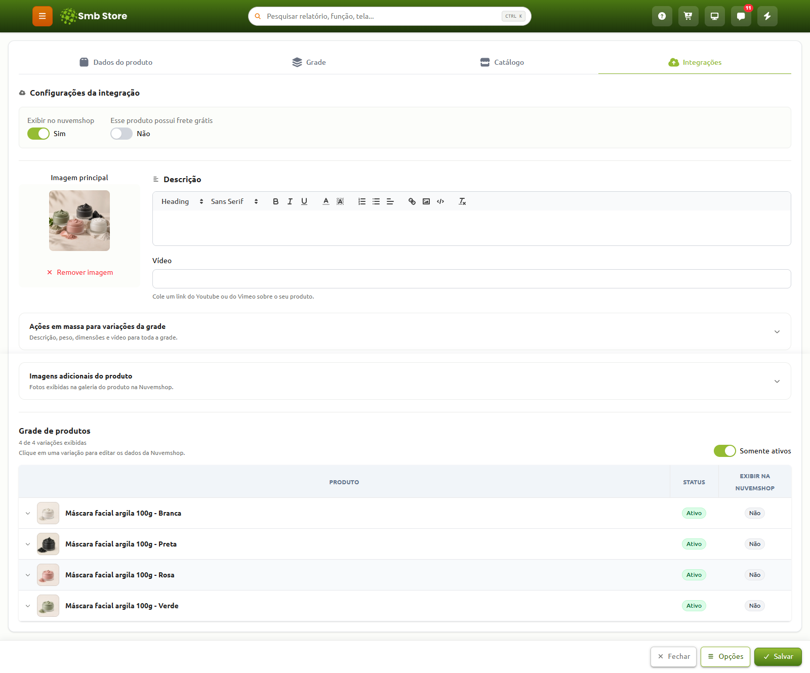 Tela de configurações de integração de produto com a Nuvemshop no Smb Store, exibindo campos para status de publicação, imagem principal, descrição, inclusão de vídeo e tabela com a grade de variações do produto.