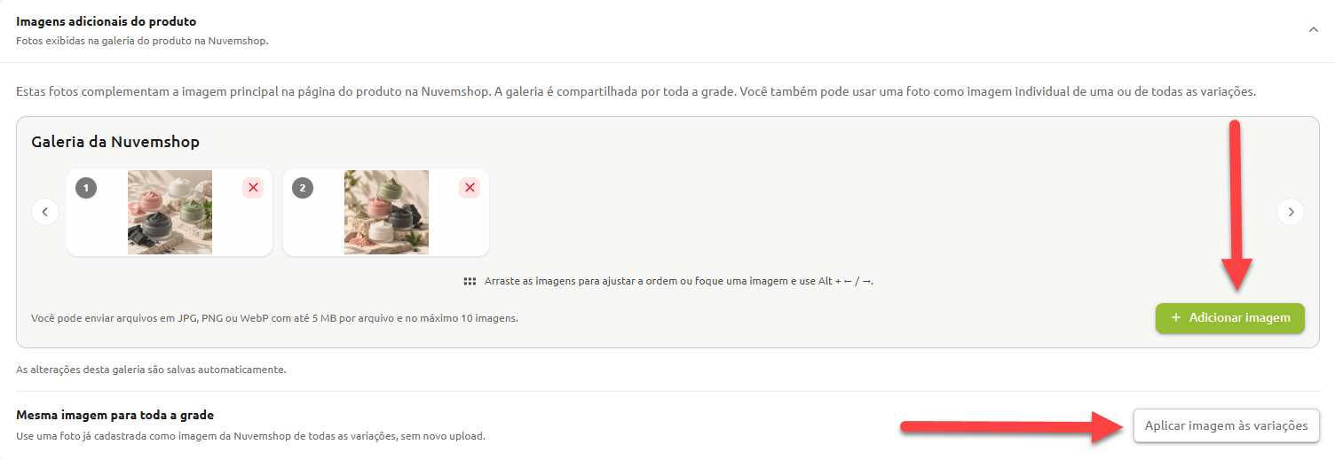 Tela de gerenciamento de imagens adicionais do produto na Nuvemshop, exibindo a galeria com fotos já cadastradas, o botão destacado para adicionar imagem e a opção para aplicar a mesma imagem a todas as variações da grade.