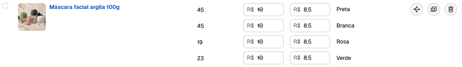 Tela de gerenciamento de estoque exibindo o produto "Máscara facial argila 100g" e suas variações de cor (Preta, Branca, Rosa e Verde), com as respectivas quantidades em estoque, preço original riscado de R$ 10 e preço promocional de R$ 8,50.