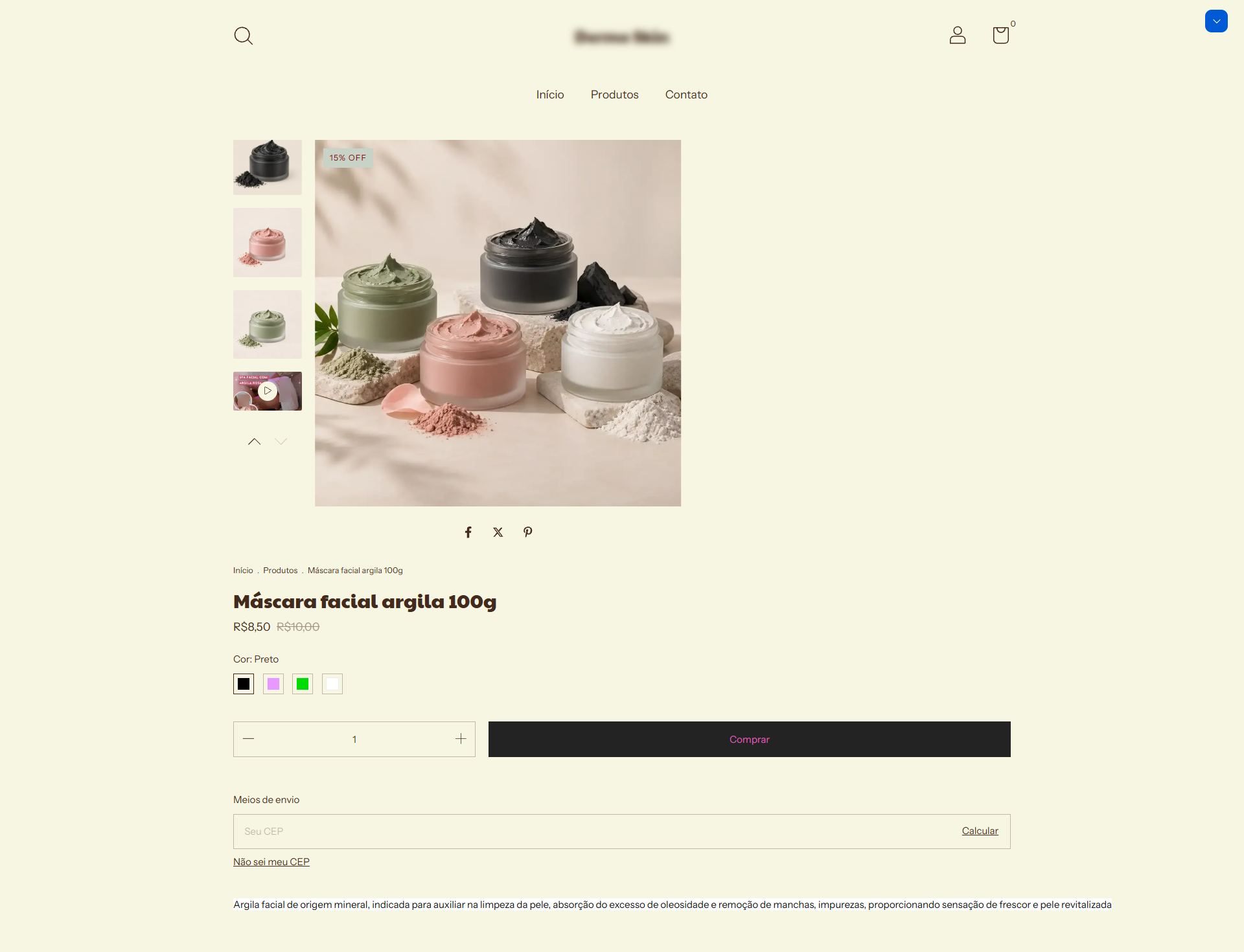 Página de produto de uma loja online exibindo uma máscara facial de argila de 100g com desconto, galeria de fotos com diferentes variações do produto, seletor de cores, quantidade, botão de compra, cálculo de frete por CEP e descrição dos benefícios.