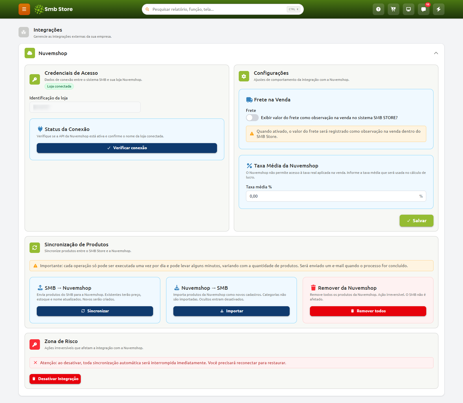 Painel de integração da Nuvemshop no SMB Store, exibindo seções para verificação de credenciais e status de conexão, configurações de frete e taxa média, ferramentas de sincronização e importação de produtos, além da opção para desativar a integração.