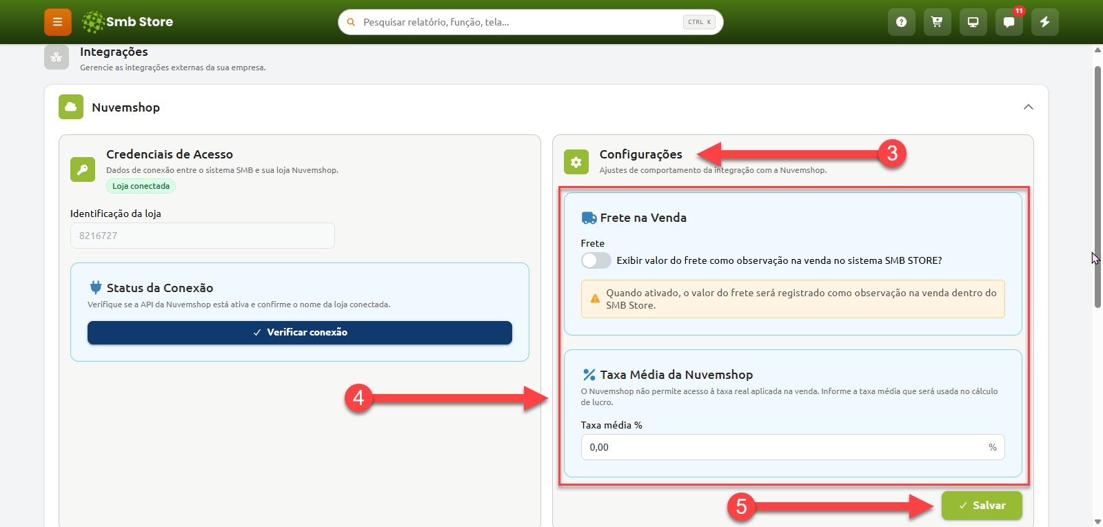 Tela de integração com a Nuvemshop no Smb Store, destacando a seção de configurações para ajustar o registro do frete na venda, informar a taxa média da plataforma e salvar as alterações.