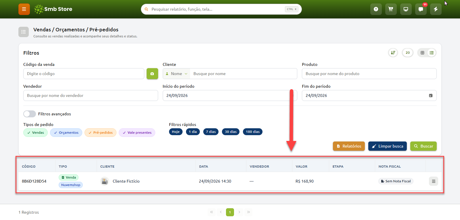 Tela de consulta de vendas, orçamentos e pré-pedidos com campos de filtro por código, cliente, produto e período, destacando na tabela inferior um registro de venda da Nuvemshop com detalhes de código, cliente fictício, data, valor e status da nota fiscal.
